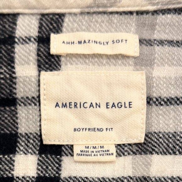 American Eagle Black, Grey & White Plaid Boyfriend Fit Flannel - Picture 2 of 3